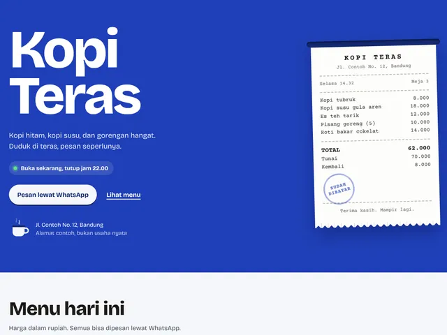Tampilan contoh Kedai Kopi untuk usaha fiktif Kopi Teras