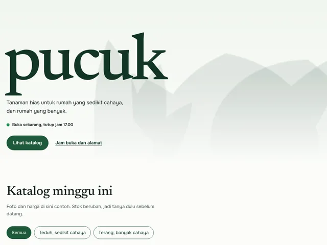 Tampilan contoh Toko Tanaman & Katalog untuk usaha fiktif Pucuk
